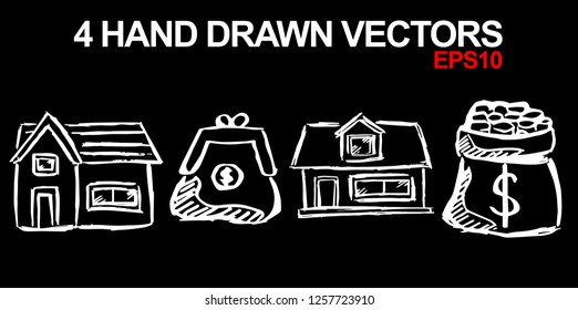 4 Collection of Hand Drawn Vector Illustration of Dollar Money Coin and House Home Building. Doodle, Sketch, Ink, Brush for Template, Icon, Logo.