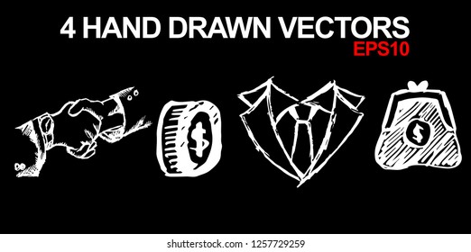 4 Collection of Hand Drawn Vector Illustration of Dollar Money Coin and Business Man Suit Necktie. Doodle, Sketch, Ink, Brush for Template, Icon, Logo.