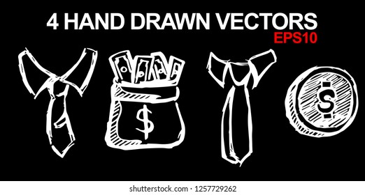 4 Collection of Hand Drawn Vector Illustration of Dollar Money Coin and Business Man Suit Necktie. Doodle, Sketch, Ink, Brush for Template, Icon, Logo.