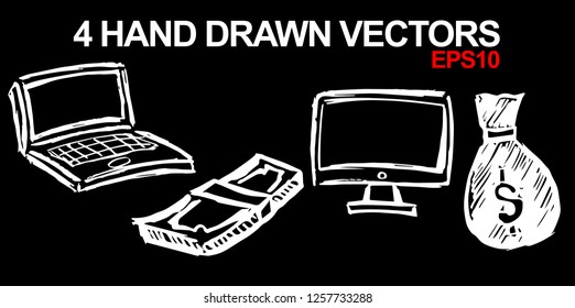 4 Collection of Hand Drawn Vector Illustration of Dollar Money Coin and Computer Monitor Technology. Doodle, Sketch, Ink, Brush for Template, Icon, Logo.