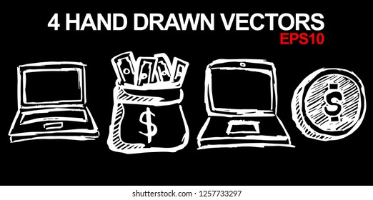 4 Collection of Hand Drawn Vector Illustration of Dollar Money Coin and Computer Monitor Technology. Doodle, Sketch, Ink, Brush for Template, Icon, Logo.