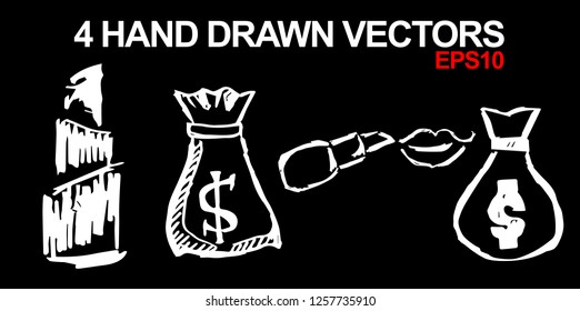 4 Collection of Hand Drawn Vector Illustration of Dollar Money Coin and Beauty Makeup Lipstick. Doodle, Sketch, Ink, Brush for Template, Icon, Logo.