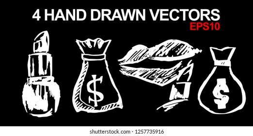 4 Collection of Hand Drawn Vector Illustration of Dollar Money Coin and Beauty Makeup Lipstick. Doodle, Sketch, Ink, Brush for Template, Icon, Logo.