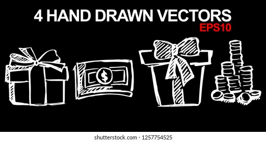 4 Collection of Hand Drawn Vector Illustration of Dollar Money Coin and Gift Christmas Holiday. Doodle, Sketch, Ink, Brush for Template, Icon, Logo.