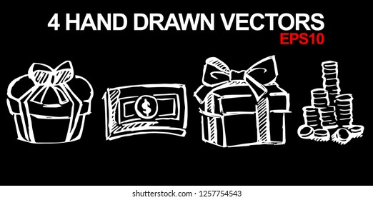 4 Collection of Hand Drawn Vector Illustration of Dollar Money Coin and Gift Christmas Holiday. Doodle, Sketch, Ink, Brush for Template, Icon, Logo.