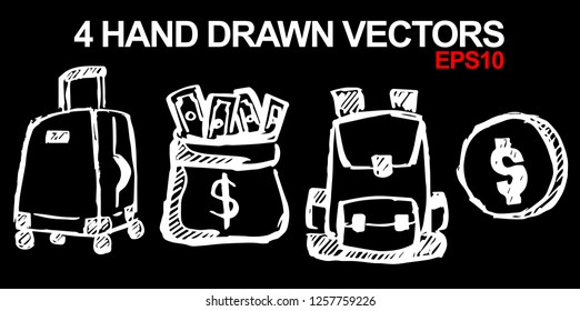 4 Collection of Hand Drawn Vector Illustration of Dollar Money Coin and Travel School Bag. Doodle, Sketch, Ink, Brush for Template, Icon, Logo.