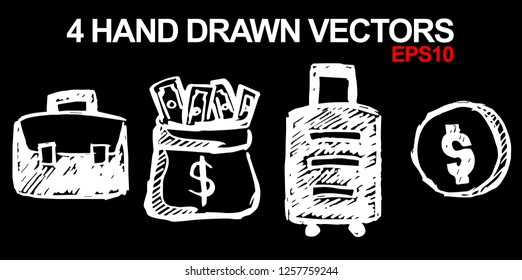 4 Collection of Hand Drawn Vector Illustration of Dollar Money Coin and Travel School Bag. Doodle, Sketch, Ink, Brush for Template, Icon, Logo.