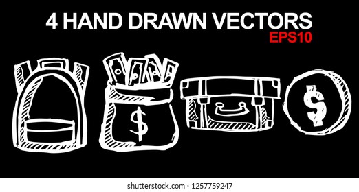 4 Collection of Hand Drawn Vector Illustration of Dollar Money Coin and Travel School Bag. Doodle, Sketch, Ink, Brush for Template, Icon, Logo.