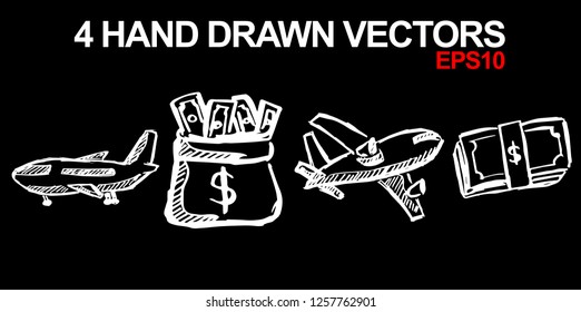 4 Collection of Hand Drawn Vector Illustration of Dollar Money Coin and Airplane Airport Transportation. Doodle, Sketch, Ink, Brush for Template, Icon, Logo.