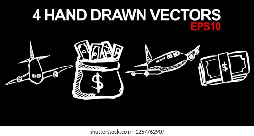 4 Collection of Hand Drawn Vector Illustration of Dollar Money Coin and Airplane Airport Transportation. Doodle, Sketch, Ink, Brush for Template, Icon, Logo.