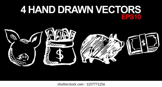 4 Collection of Hand Drawn Vector Illustration of Dollar Money Coin and Animal Pig. Doodle, Sketch, Ink, Brush for Template, Icon, Logo.