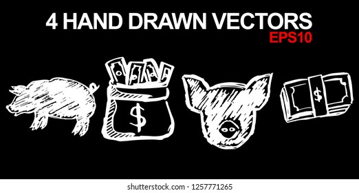 4 Collection of Hand Drawn Vector Illustration of Dollar Money Coin and Animal Pig. Doodle, Sketch, Ink, Brush for Template, Icon, Logo.