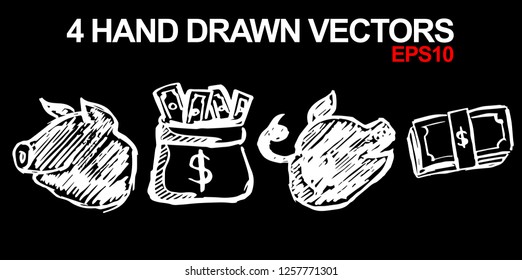 4 Collection of Hand Drawn Vector Illustration of Dollar Money Coin and Animal Pig. Doodle, Sketch, Ink, Brush for Template, Icon, Logo.