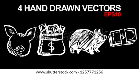 4 Collection of Hand Drawn Vector Illustration of Dollar Money Coin and Animal Pig. Doodle, Sketch, Ink, Brush for Template, Icon, Logo.