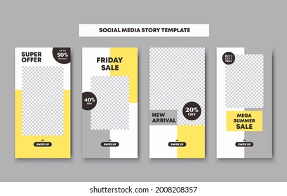 4 collection on editable social network stories template with photo frames in yellow, grey and white pastel colors stickers for sale promotion. Vector mock up, multicolored story set bundle