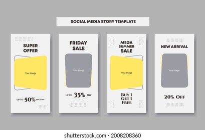 4 collection on editable social network stories template with photo frames in yellow, grey and white pastel colors stickers for sale promotion. Vector mock up, multicolored story set bundle