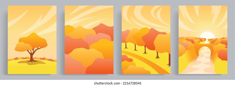 4 colecciones de ilustraciones vectoriales de otoño con un ambiente cálido, higiénico y acogedor. Vistas al bosque y a los árboles rojizos en otoño. Adecuado para carteles, portada de libros, folleto, portada de libros.