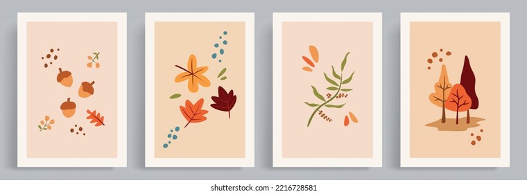 4 collections of autumn vector illustrations with a warm, hygge and cozy atmosphere. Reddish leaf and tree ornament in boho style and retro colors.