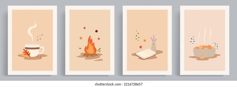 4 colecciones de ilustraciones vectoriales de otoño con un ambiente cálido, higiénico y acogedor. Vector de atmósfera cálida con taza caliente de café o chocolate, hoguera, libro y galletas.
