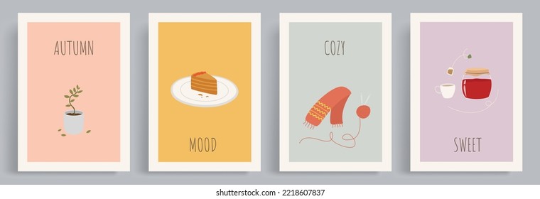 4 colecciones de vectores de otoño con un ambiente cálido, higiénico y acogedor. Ilustración plana de una planta en una olla, rodajas de tartas, pañuelo de lobo, mancha de lana, té y mermelada de fresa.