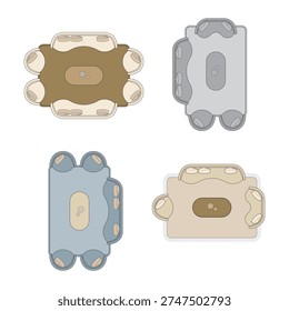 4 Collections Top view of modern curved sofa furniture set on beige carpet. 9
