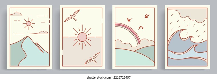 4 colecciones de ilustraciones vectoriales de estilo vintage. Hermoso adorno de estilo retro de montaña, pájaros, olas, lluvia y arco iris. Apto para carteles, portada de libros, folleto, revista, volante, portada de libros