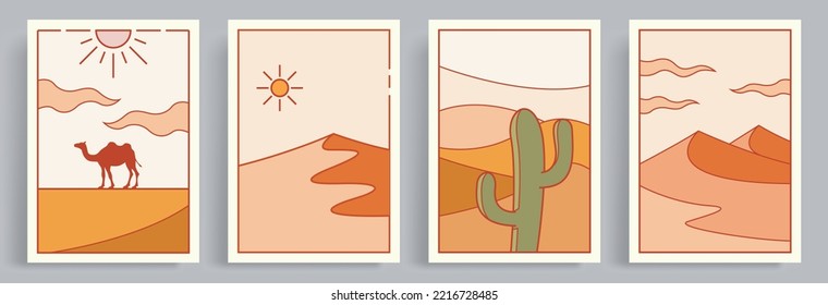4 collections of vintage styled vector illustrations. Egyptian style retro ornament with desert expanse, camel and cactus.  Suitable for poster, book cover, brochure, magazine, flyer, book cover.