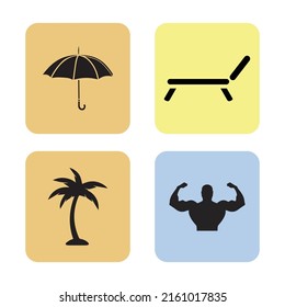 4 color background summer icons: umbrella, sunbed, palm tree, fitness trainer silhouette