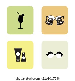 4 color background summer icons : A glass of champagne, two beers, sunscreen, sunglasses