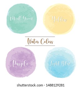 4 color drops of water, consisting of mint green, yellow, light blue, purple, all are soft tones on the White Blackground
