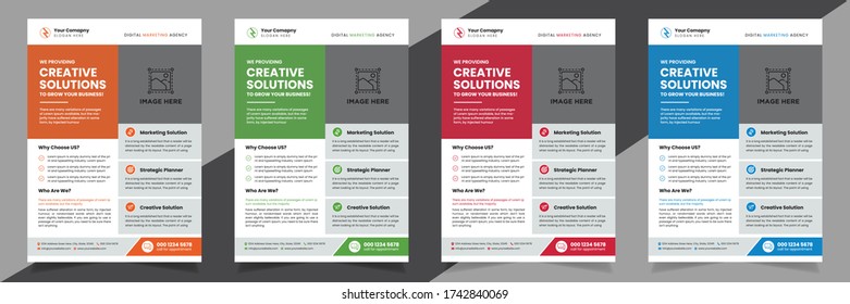 4 color elegant corporate business flyer template with orange, blue, red & green accent. highly versatile marketing materials for company and agency. leaflet with service information. advert poster.