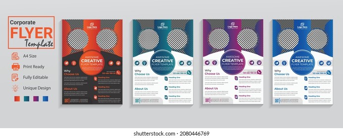 4 color gradient Modern A4 format flyer or brochure set for business advertising with front page vector abstract design, leaflet, annual report, cover, presentation infographic corporate trendy style.