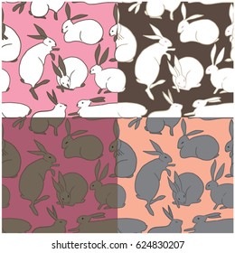 4 color variants of cute rabbit seamless pattern