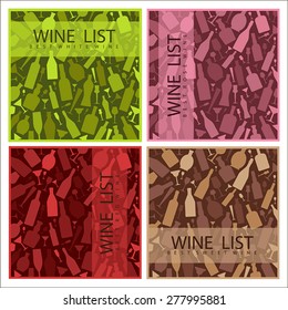 4 color vector wine card with inscriptions and images of bottles, glasses on a red, pink, beige and green background