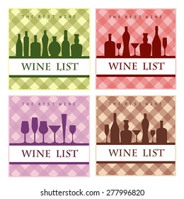 4 color vector wine card with inscriptions and images of bottles, glasses on a red, pink, beige and green checkered background