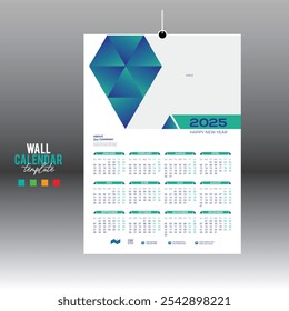 4 colores 12 meses 2025 Vector de pared Calendario de diseño para cualquier tipo de uso