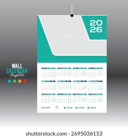 4 colores 12 meses 2026 Vector de pared Calendario de diseño para cualquier tipo de uso