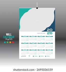 4 colores 12 meses 2026 Vector de pared Calendario de diseño para cualquier tipo de uso