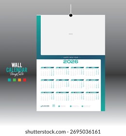 4 colores 12 meses 2026 Vector de pared Calendario de diseño para cualquier tipo de uso
