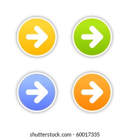 4 colored arrow sign web 2.0 button. Round stickers with shadow on white background. 10 eps