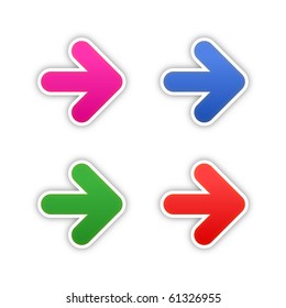 4 colored arrow symbol stickers web 2.0 buttons with shadow on white background. 10 eps