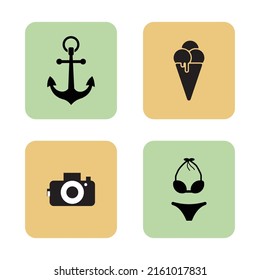 4 colored background summer icons: anchor, ice cream, camera, swimsuit