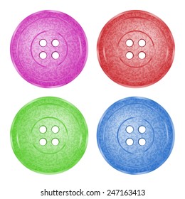 4 colored, plastic sewing buttons of classic vector texture with spotty green, red, purple and blue