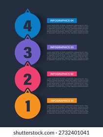4 elementos circulares coloridos dispostos verticalmente. Modelo de infográfico vetorial para visualização de dados.