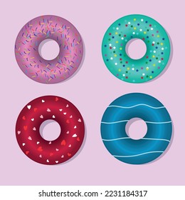 4 colorful donuts in a modern style on a pink background. Vector collection. Sweet food. Vector illustration. White background. Abstract art background.