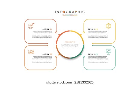 4 colorful elements with linear icons and place for text inside placed around circle. Concept of strategic planning technique. Infographic design template. Vector illustration.