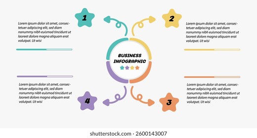 4 colorful elements with star icons and place for text inside placed around circle. Concept of strategic planning technique. Infographic design template. Vector illustration.