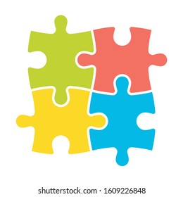 4 colorful jigsaw puzzle pieces. Team cooperation, teamwork or solution business theme. Simple flat vector illustration.