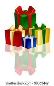 4 colorful Presents with reflection