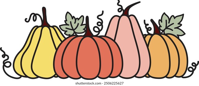 4 calabazas de colores con el grosor de líneas editables. Ilustración vectorial.